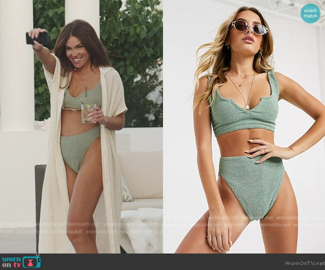Asos Mix and match crinkle notch front crop bikini top in khaki worn by Brynn Whitfield on The Real Housewives of New York City