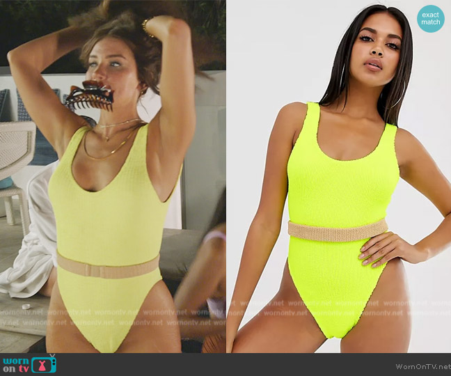 ASOS Faded fluro yellow crinkle scoop swimsuit with contrast neutral belt worn by Brynn Whitfield on The Real Housewives of New York City