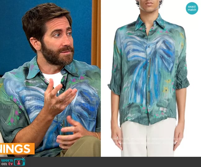 Acne Studios x Karen Kilimnick Bow Print Crinkle Button-Up Shirt worn by Jake Gyllenhaal on CBS Mornings