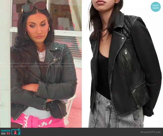 All Saints Cargo Leather Biker Jacket worn by Monica Garcia on The Real Housewives of Salt Lake City
