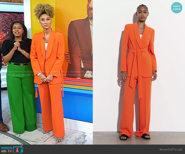 Zara Belted Tuxedo Collar Blazer in Orange worn by Ally Love on Today