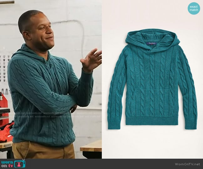 Brooks Brothers Cotton Cable-Knit Hoodie Sweater in Teal Heather worn by Craig Melvin on Today