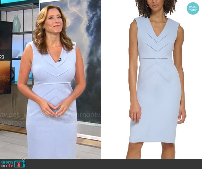 Calvin Klein V-Neck Pleated Sheath Dress in Zen worn by Stephanie Abrams on CBS Mornings