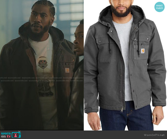 Carhartt Relaxed Fit Washed Duck Sherpa-Lined Utility Jacket in Gravel worn by Rob (Iman Shumpert) on The Chi