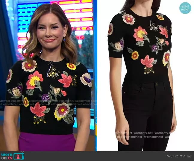 Alice + Olivia Ciara Embroidered Sweater worn by Rebecca Jarvis on Good Morning America