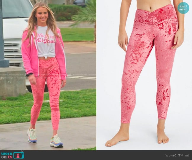 Fabletics Crushed Velour Crossover Legging in Strawberry Red worn by Whitney Rose on The Real Housewives of Salt Lake City