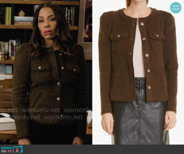 Etoile Isabel Marant Nelly Cardigan in Dark Khaki worn by Mia Jordan (Karen Pittman) on The Morning Show