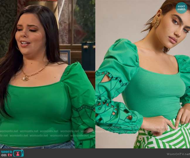Forever that Girl Cropped Puff Sleeve Cutwork Top worn by Lou Hockhauser (Miranda May) on Bunkd