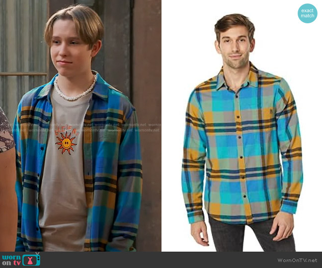 Hurley Portland Organic Long Sleeve Flannel in Deep Aqua worn by Jake (Luke Busey) on Bunkd