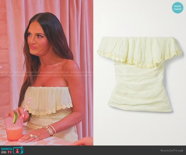 Isabel Marant Orma Strapless Broderie Anglaise-Trimmed Ramie Top worn by Lisa Barlow on The Real Housewives of Salt Lake City
