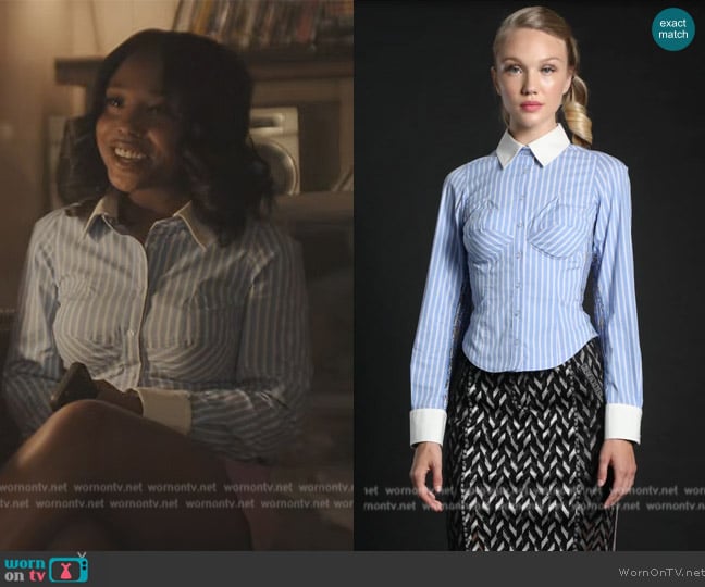 Earnest Official by Byron Lars Oxford Stripe Boob Button Down worn by Jemma St. John (Judae'a) on The Chi