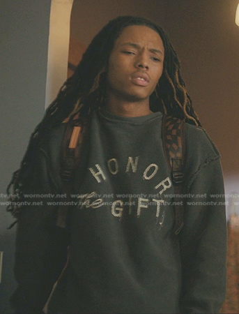 Jake’s grey Honor The Gift sweatshirt on The Chi