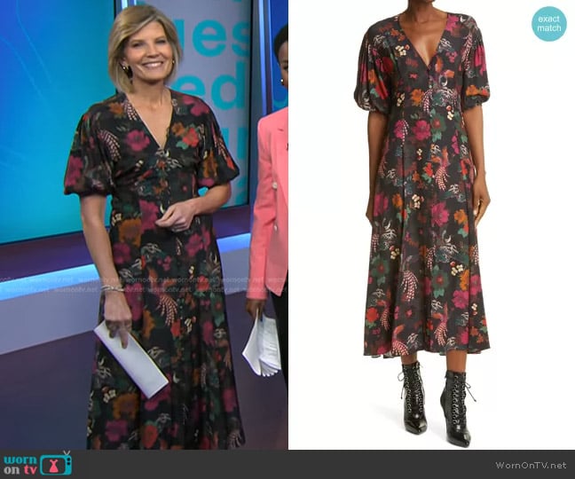 La Ligne Floral Plunge Neck Button Front Silk Dress worn by Kate Snow on NBC News Daily