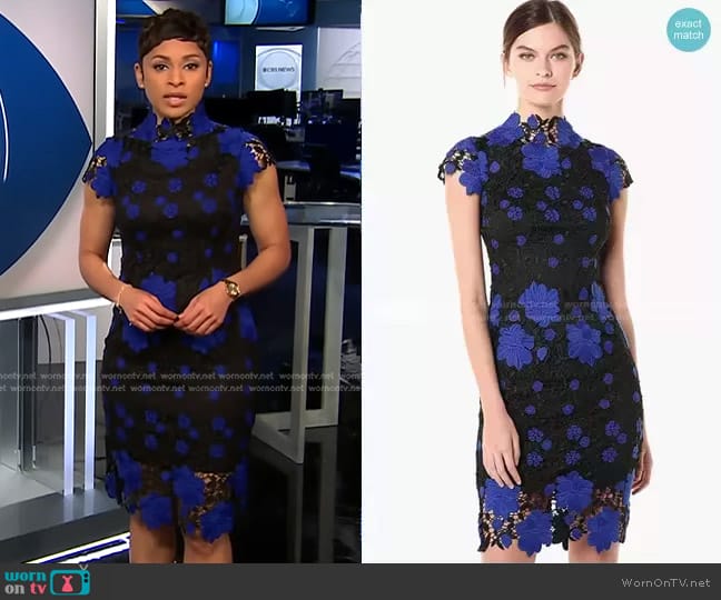 Laundry by Shelli Segal Mock Neck Lace Dress worn by Jericka Duncan on CBS Evening News