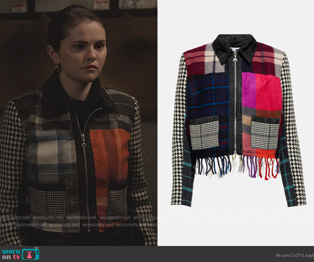 Marine Serre Clashing Tartans wool jacket worn by Mabel Mora (Selena Gomez) on Only Murders in the Building
