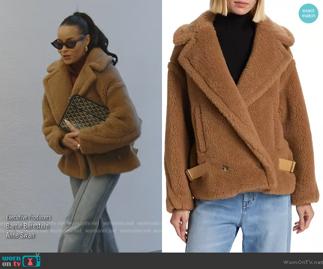 Max Mara Davy leather-trimmed camel hair and silk-blend coat worn by Sai De Silva on The Real Housewives of New York City