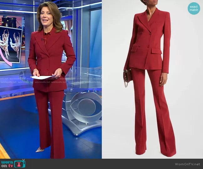 Michael Kors Collection Double-Breasted Blazer Jacket in Merlot worn by Norah O'Donnell on CBS Evening News