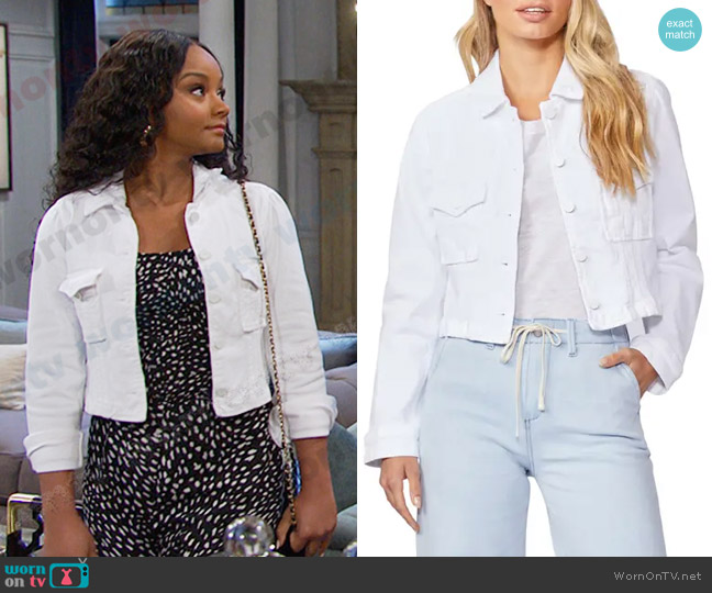 Paige Pacey Crop Denim Jacket in Crisp White worn by Chanel Dupree (Raven Bowens) on Days of our Lives