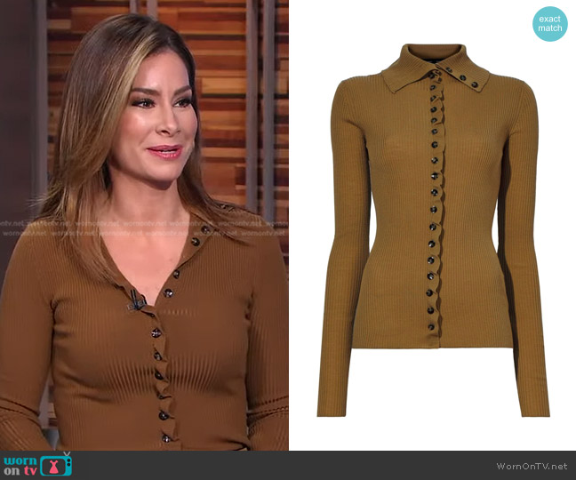 Proenza Schouler Ruffled-Detail Buttoned Sweater worn by Rebecca Jarvis on Good Morning America