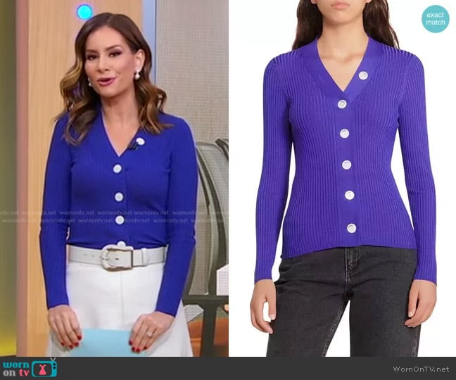 Sandro Gabrielle Ribbed Knit Cardigan worn by Rebecca Jarvis on Good Morning America