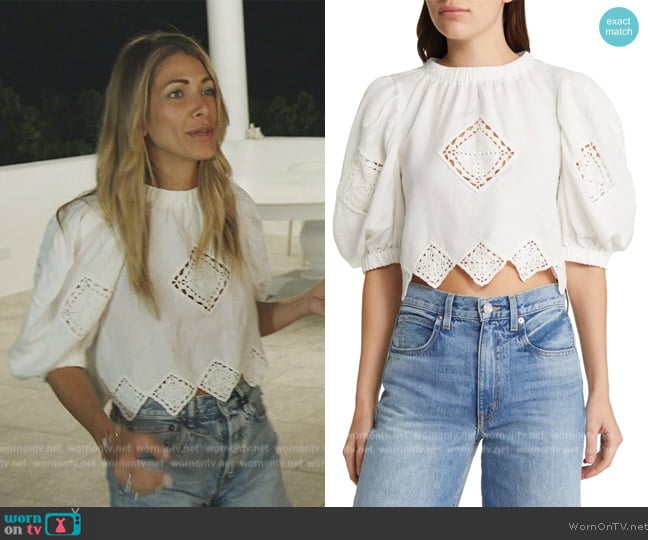 Sea Vlada Crochet Puff Sleeve Blouse worn by Erin Lichy on The Real Housewives of New York City