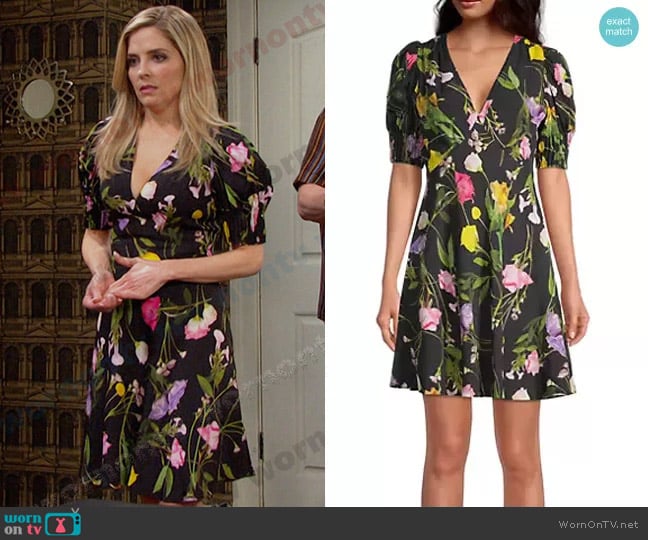 Ted Baker Opallie Floral-Printed V-Neck Minidress worn by Theresa Donovan (Jen Lilley) on Days of our Lives