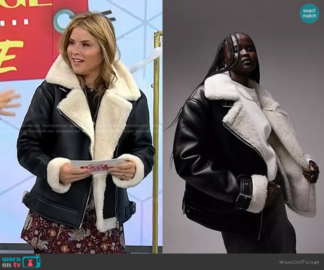 Topshop Faux Leather Shearling Aviator Biker Jacket in black worn by Jenna Bush Hager on Today