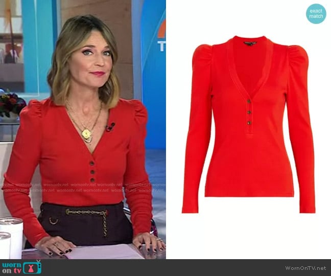 Veronica Beard Dekalb Puff Sleeve Rib Top worn by Savannah Guthrie on Today