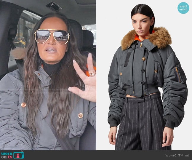Versace Bomber Puffer Jacket in Grey worn by Lisa Barlow on The Real Housewives of Salt Lake City