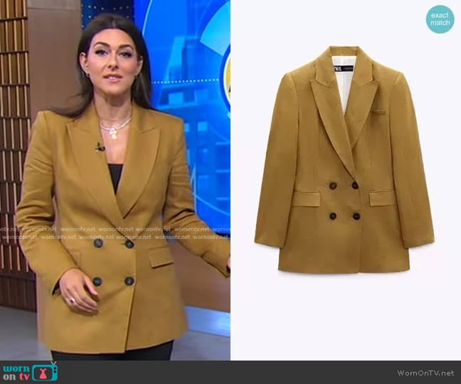 Zara Crossed Linen Blazer in Caramel worn by Erielle Reshef on Good Morning America