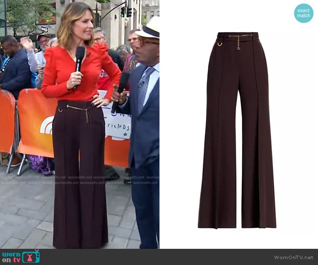 Zimmermann Luminosity Belted High-Rise Flare Trousers in Chocolate worn by Savannah Guthrie on Today