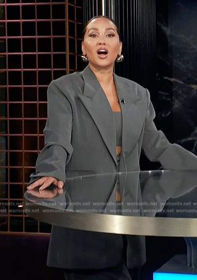 Adrienne’s gray oversized blazer and pants on E! News