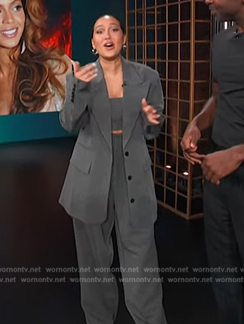 Adrienne’s gray oversized blazer and pants on E! News