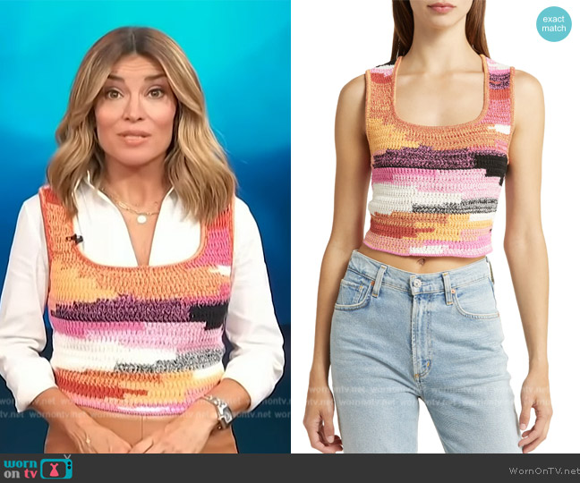 A.L.C. Brayden Crochet Scoop-Neck Tank worn by Kit Hoover on Access Hollywood