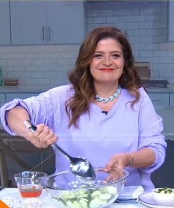 Alex Guarnaschelli’s lilac eyelet sleeve top on Good Morning America