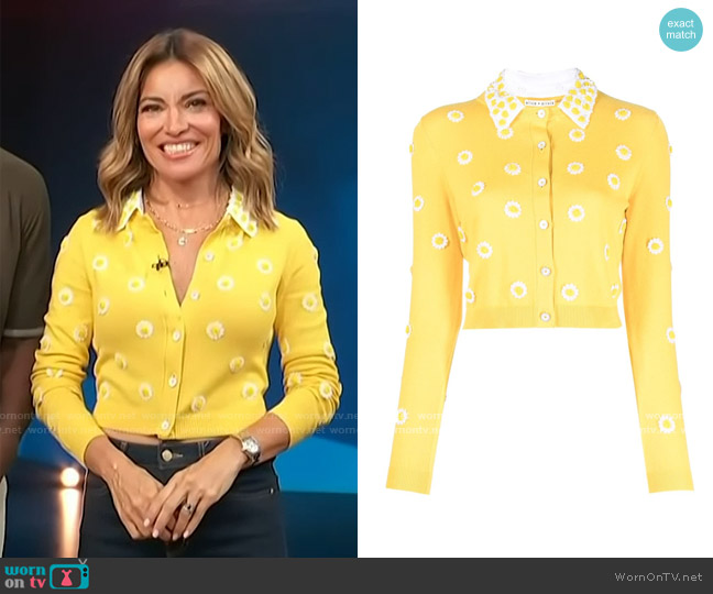 Alice + Olivia Bernita floral-appliqué cardigan worn by Kit Hoover on Access Hollywood