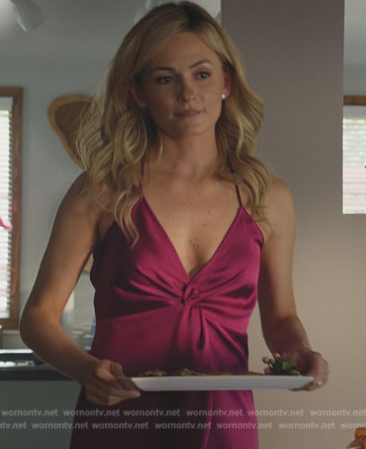 Amy’s pink twist front satin chemise on All Rise