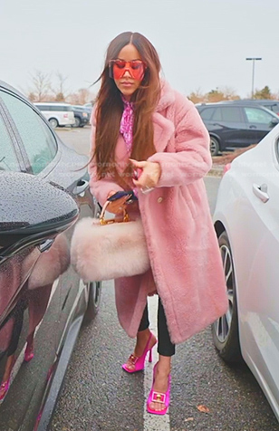 Angie’s pink print tie neck blouse and sunglasses on The Real Housewives of Salt Lake City