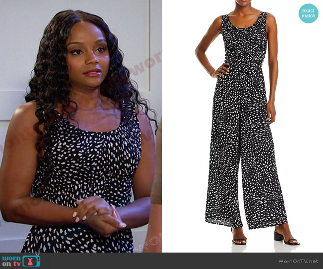 Aqua Sleeveless Smocked Printed Jumpsuit worn by Chanel Dupree (Raven Bowens) on Days of our Lives