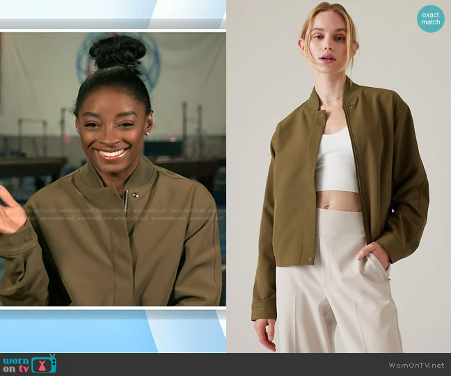 Athleta Endless Bomber Jacket in Acacia Olive worn by Simone Biles on Today
