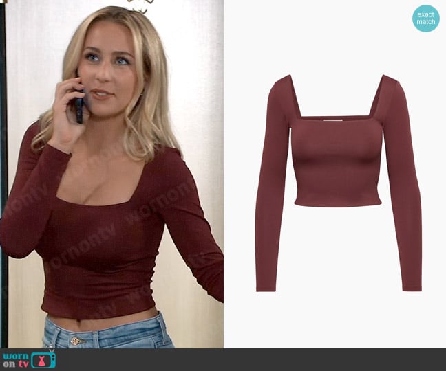 Babaton Contour Squareneck Longsleeve in Spiced Burgundy worn by Josslyn Jacks (Eden McCoy) on General Hospital