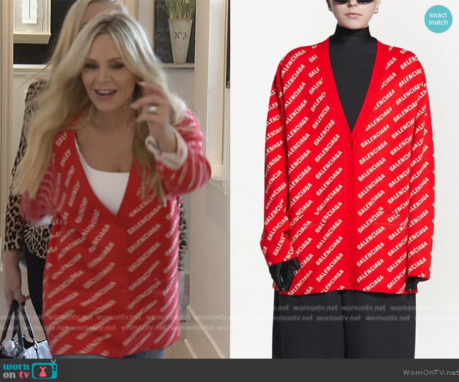 Balenciaga Mini all-over logo cardigan worn by Tamra Judge on The Real Housewives of Orange County