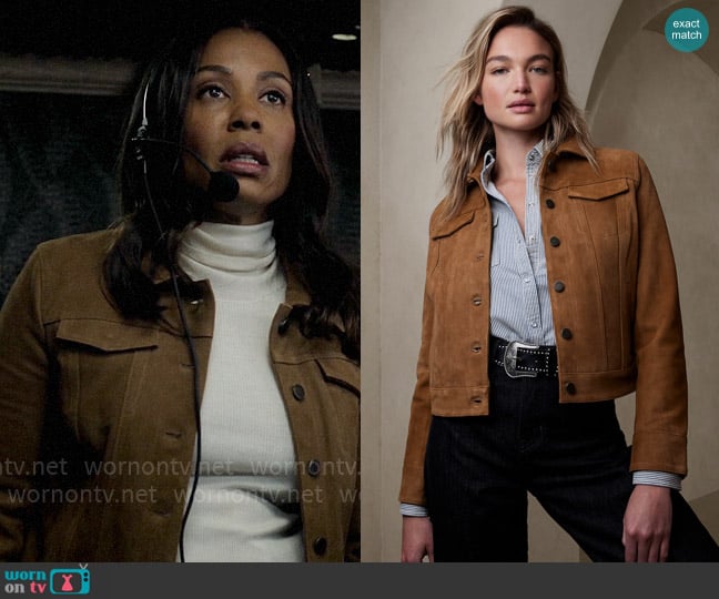 Banana Republic Suede Trucker Jacket worn by Mia Jordan (Karen Pittman) on The Morning Show