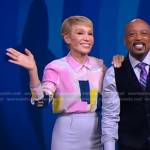 Barbara Corcoran’s colorblock blouse and lilac pencil skirt on Good Morning America