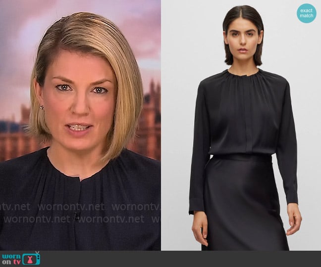 BOSS Ruched-neck blouse in stretch-silk crepe de Chine worn by Holly Williams on CBS Mornings