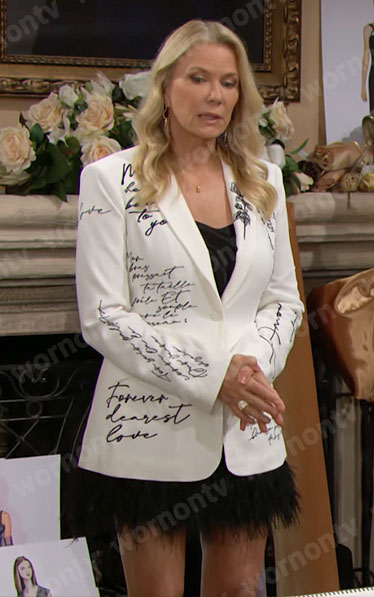 Brooke’s white blazer with writing print on The Bold and the Beautiful