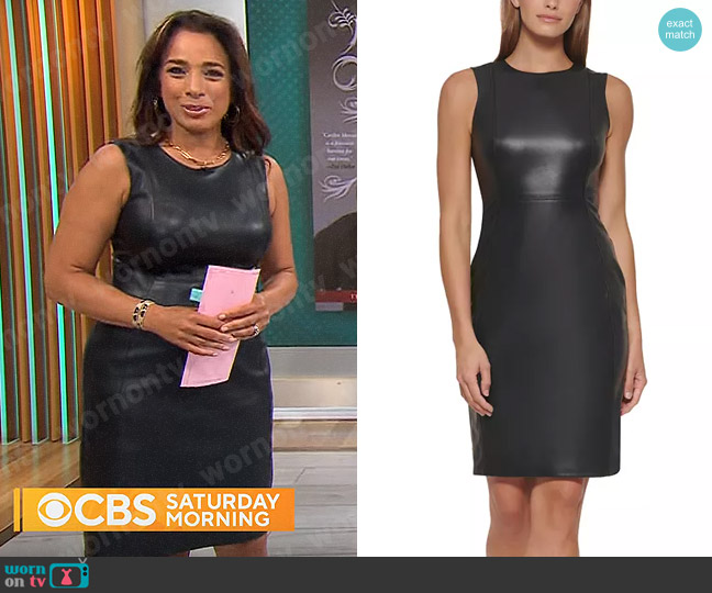 Calvin Klein Faux-Leather Sleeveless Sheath Dress worn by Michelle Miller on CBS Mornings