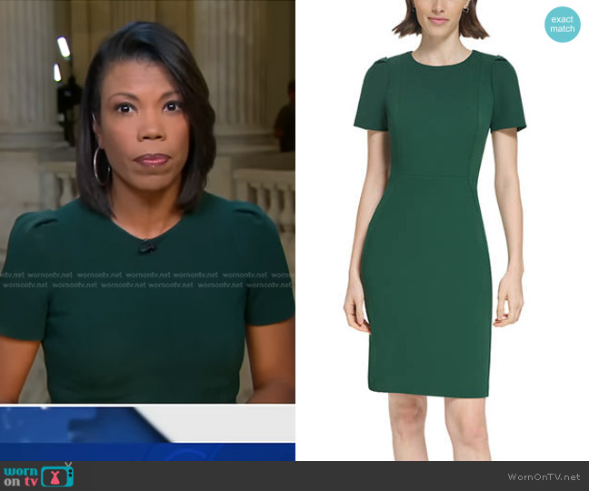 Calvin Klein Short Sleeve Round Neck Solid Sheath Dress in Malachite worn by Nikole Killion on CBS Evening News