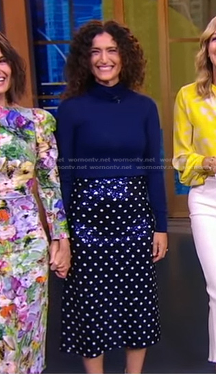 Cara Mentzel’s navy sweater and sequin polka dot skirt on Good Morning America