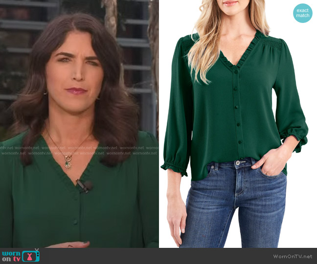 Cece Ruffle V-Neck Blouse in Alpine Green worn by Liz Kreutz on NBC News Daily